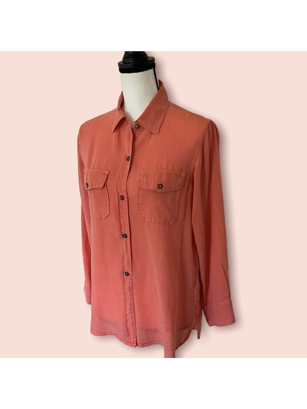 CURRENT/ELLIOT Washable Silk Blouse Top Coral Orange Women's Sz 1 S Long Sleeve